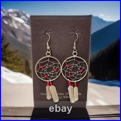 Vintage Navajo Sterling Dreamcatcher Dangle Feather Earrings Coral Red Beads