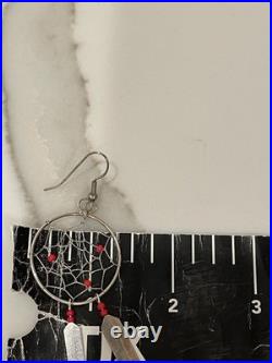 Vintage Navajo Sterling Dreamcatcher Dangle Feather Earrings Coral Red Beads