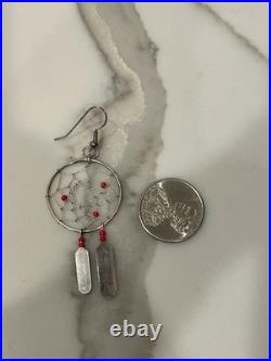 Vintage Navajo Sterling Dreamcatcher Dangle Feather Earrings Coral Red Beads