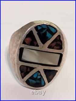 Vintage Navajo Sterling Inlay Ring Turquoise Mother of Pearl Ironwood Size 11