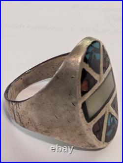 Vintage Navajo Sterling Inlay Ring Turquoise Mother of Pearl Ironwood Size 11