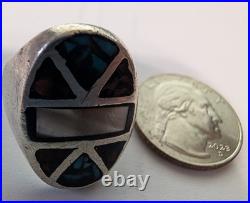 Vintage Navajo Sterling Inlay Ring Turquoise Mother of Pearl Ironwood Size 11