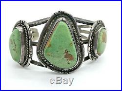 Vintage Navajo Sterling Silver 3-Stone Green Royston Turquoise Cuff Bracelet