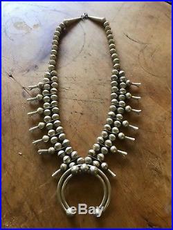 Vintage Navajo Sterling Silver Bench Bead Squash Blossom Necklace