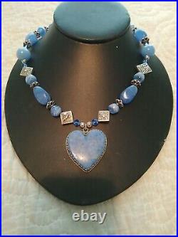 Vintage Navajo Sterling Silver Blue Heart Necklace Native American Beaded 17
