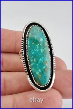 Vintage Navajo Sterling Silver Carico Lake Turquoise Shadowbox Long Ring 1.5