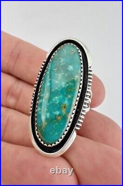 Vintage Navajo Sterling Silver Carico Lake Turquoise Shadowbox Long Ring 1.5