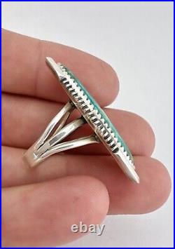 Vintage Navajo Sterling Silver Carico Lake Turquoise Shadowbox Long Ring 1.5