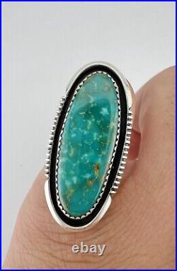 Vintage Navajo Sterling Silver Carico Lake Turquoise Shadowbox Long Ring 1.5
