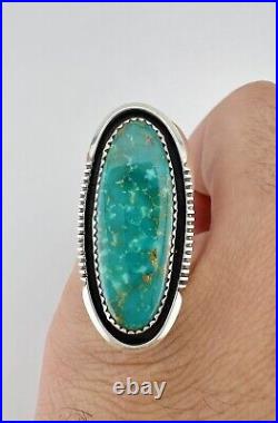 Vintage Navajo Sterling Silver Carico Lake Turquoise Shadowbox Long Ring 1.5