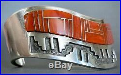 Vintage Navajo Sterling Silver Channel Coral Inlay Cuff Bracelet Tommy Jackson