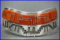 Vintage Navajo Sterling Silver Channel Coral Inlay Cuff Bracelet Tommy Jackson