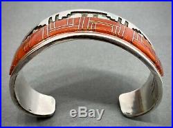 Vintage Navajo Sterling Silver Channel Coral Inlay Cuff Bracelet Tommy Jackson