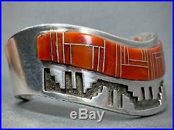 Vintage Navajo Sterling Silver Channel Coral Inlay Cuff Bracelet Tommy Jackson