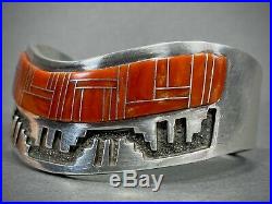 Vintage Navajo Sterling Silver Channel Coral Inlay Cuff Bracelet Tommy Jackson