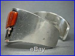 Vintage Navajo Sterling Silver Channel Coral Inlay Cuff Bracelet Tommy Jackson