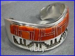 Vintage Navajo Sterling Silver Channel Coral Inlay Cuff Bracelet Tommy Jackson