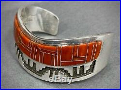 Vintage Navajo Sterling Silver Channel Coral Inlay Cuff Bracelet Tommy Jackson