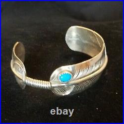 Vintage Navajo Sterling Silver Feather Shaped Cuff Turquoise Gem Hand Made EUC