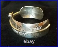 Vintage Navajo Sterling Silver Feather Shaped Cuff Turquoise Gem Hand Made EUC