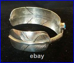 Vintage Navajo Sterling Silver Feather Shaped Cuff Turquoise Gem Hand Made EUC