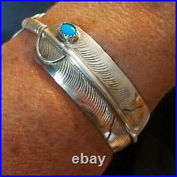 Vintage Navajo Sterling Silver Feather Shaped Cuff Turquoise Gem Hand Made EUC