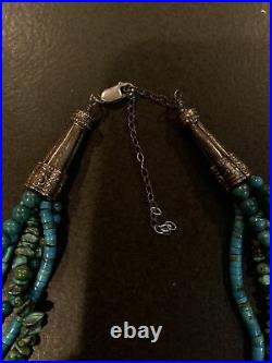 Vintage Navajo Sterling Silver Fine Turquoise 5 Strand Necklace