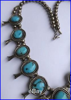 Vintage Navajo Sterling Silver Gem Bisbee Turquoise Squash Blossom Necklace 23