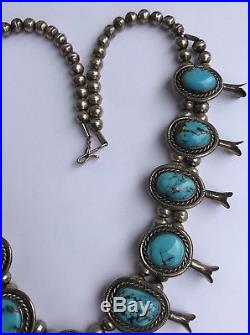 Vintage Navajo Sterling Silver Gem Bisbee Turquoise Squash Blossom Necklace 23