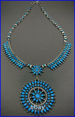 Vintage Navajo Sterling Silver Gem Turquoise Squash Blossom Cluster Necklace