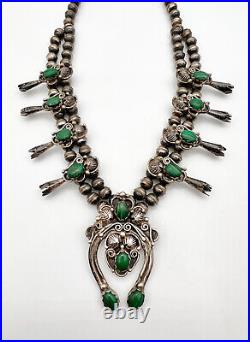Vintage Navajo Sterling Silver Green Malachite Squash Blossom Necklace 20