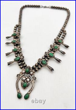 Vintage Navajo Sterling Silver Green Malachite Squash Blossom Necklace 20