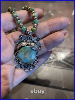 Vintage Navajo Sterling Silver Green Turquoise Necklace Pendant