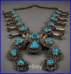 Vintage Navajo Sterling Silver Kingman Turquoise Nugget Squash Blossom Necklace
