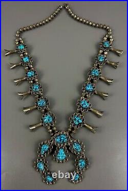 Vintage Navajo Sterling Silver Kingman Turquoise Nugget Squash Blossom Necklace