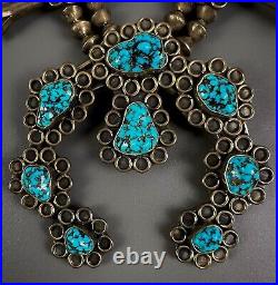 Vintage Navajo Sterling Silver Kingman Turquoise Nugget Squash Blossom Necklace