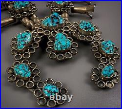 Vintage Navajo Sterling Silver Kingman Turquoise Nugget Squash Blossom Necklace