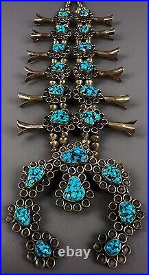 Vintage Navajo Sterling Silver Kingman Turquoise Nugget Squash Blossom Necklace
