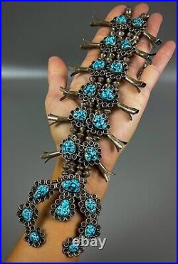 Vintage Navajo Sterling Silver Kingman Turquoise Nugget Squash Blossom Necklace