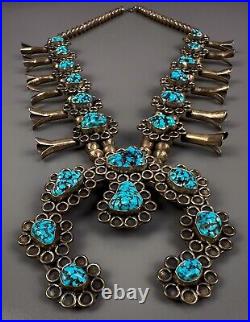Vintage Navajo Sterling Silver Kingman Turquoise Nugget Squash Blossom Necklace