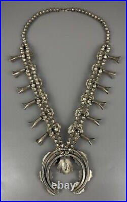Vintage Navajo Sterling Silver Kingman Turquoise Nugget Squash Blossom Necklace
