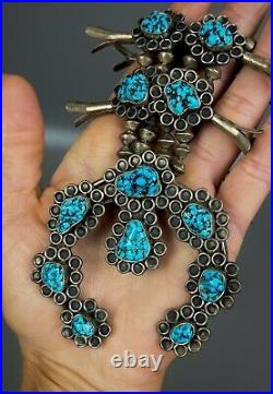 Vintage Navajo Sterling Silver Kingman Turquoise Nugget Squash Blossom Necklace