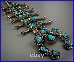 Vintage Navajo Sterling Silver Kingman Turquoise Nugget Squash Blossom Necklace