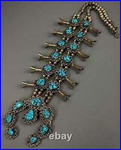 Vintage Navajo Sterling Silver Kingman Turquoise Nugget Squash Blossom Necklace
