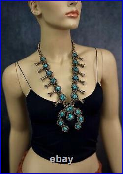 Vintage Navajo Sterling Silver Kingman Turquoise Nugget Squash Blossom Necklace