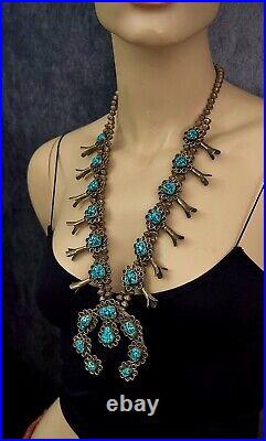 Vintage Navajo Sterling Silver Kingman Turquoise Nugget Squash Blossom Necklace