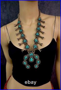 Vintage Navajo Sterling Silver Kingman Turquoise Nugget Squash Blossom Necklace