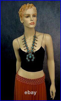 Vintage Navajo Sterling Silver Kingman Turquoise Nugget Squash Blossom Necklace