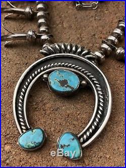 Vintage Navajo Sterling Silver Kingman Turquoise Squash Blossom Necklace 28