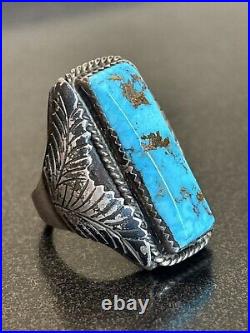 Vintage Navajo Sterling Silver Mens Ring Old Turquoise Masterpiece 23g Size 9.5